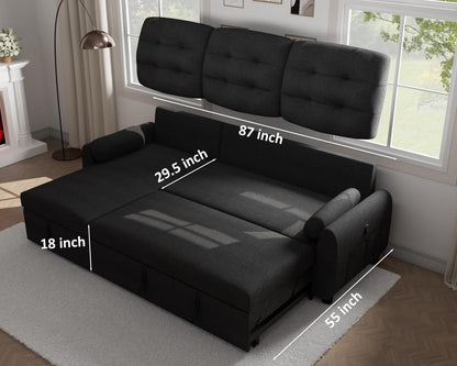 Sectional Sofa Couch, 87" Sleeper Sofa Bed with Reversible Storage Chaise Pull Out Couch for Living Room | Side Pocket | Charging Station | Removable Backrest | Linen Fabric, Black