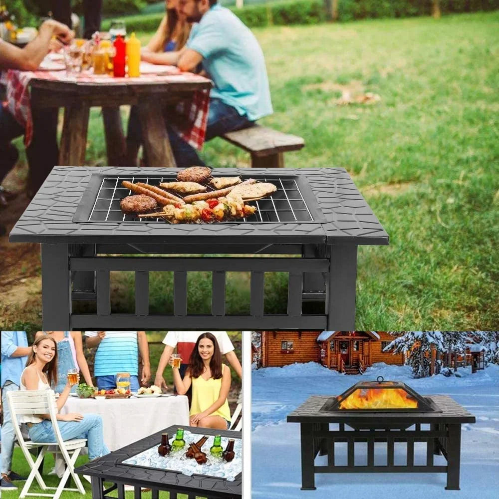 Steel Fire Pits for Outside, 32'' Square Wood Burning Fire Pit Table, Outdoor Patio BBQ Firepit Bonfire Party - Design By Technique