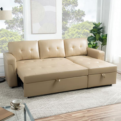 Transform Any Space: Sleeper Sectional Sofa with Convertible Sofa Bed & Inviting Chaise. Find Tranquil Comfort with Stress-Relieving Design & Durable Cushions - Beige/Air Leather