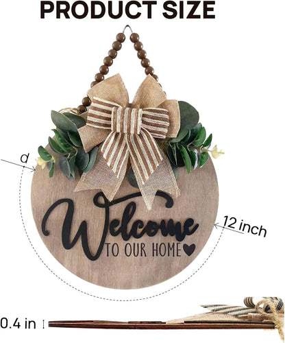 3D Welcome Sign for Front Door | Home/Farmhouse Porch Décor Wooden Hanging Sign with Artificial Leaves and Rustic Beads | Christmas Classroom |12" Round