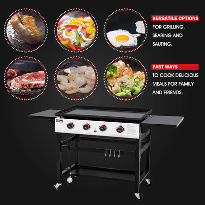 GB4002 4-Burner Flat Top Gas Grill with Folding Side Tables, 36-Inch Propane Griddle Station for Outdoor BBQ Events, Camping and Barbecue, Black