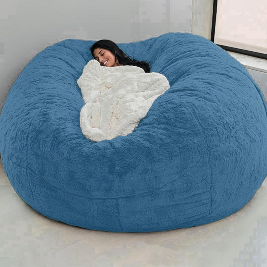 Giant Fur Bean Bag Chair Cover for Kids Adults, (No Filler) Living Room Furniture Big round Soft Fluffy Faux Fur Beanbag Lazy Sofa Bed Cover (Jewel Blue, 5FT)