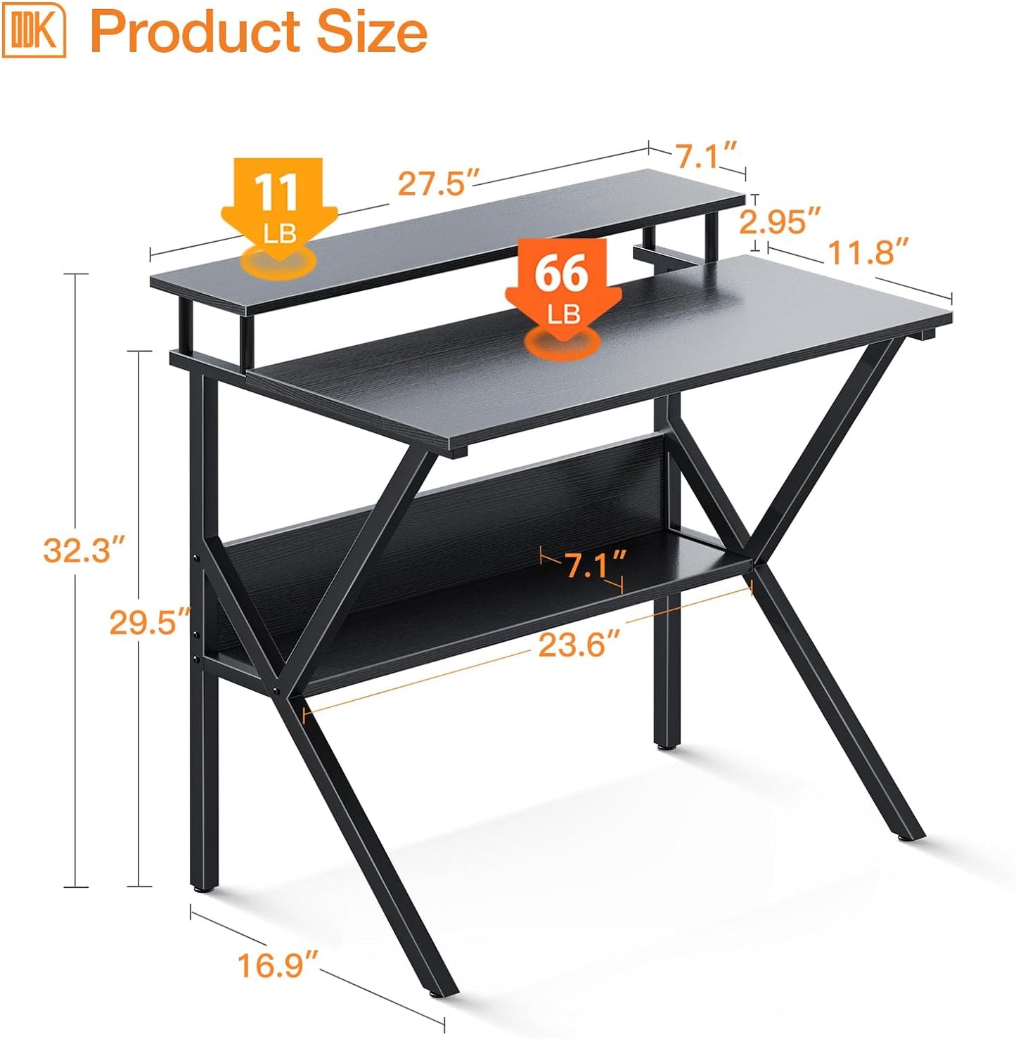 Small Computer Desk, 27.5 Inch, Compact Tiny Study Desk with Storage and Monitor Stand for Home Office, Small Spaces, Black