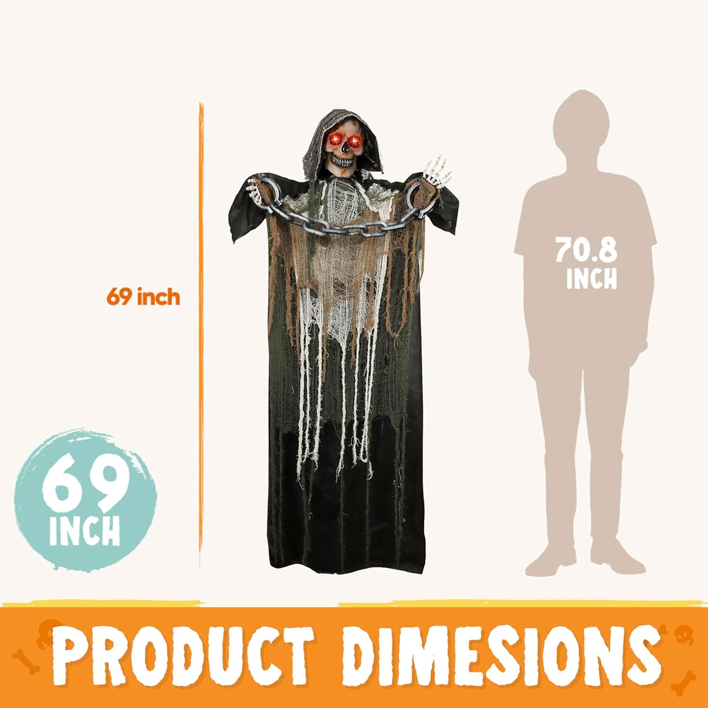 67" Halloween Animatronics Grim Reaper with Chain, Halloween Skeleton Life Size with Light-Up Eyes and Creepy Sound, Scary Halloween Decorations outside Haunted House Props Outdoor Holiday Decor