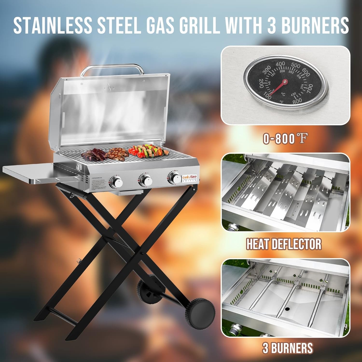 Onlyfire BBQ Gas Grill 3-Burner with Foldable Cart & Side Table, Portable Propane Grill with Lid for Outdoor Patio Backyard Barbecue Camping Tailgating RV Trip, Stainless Steel, GS308