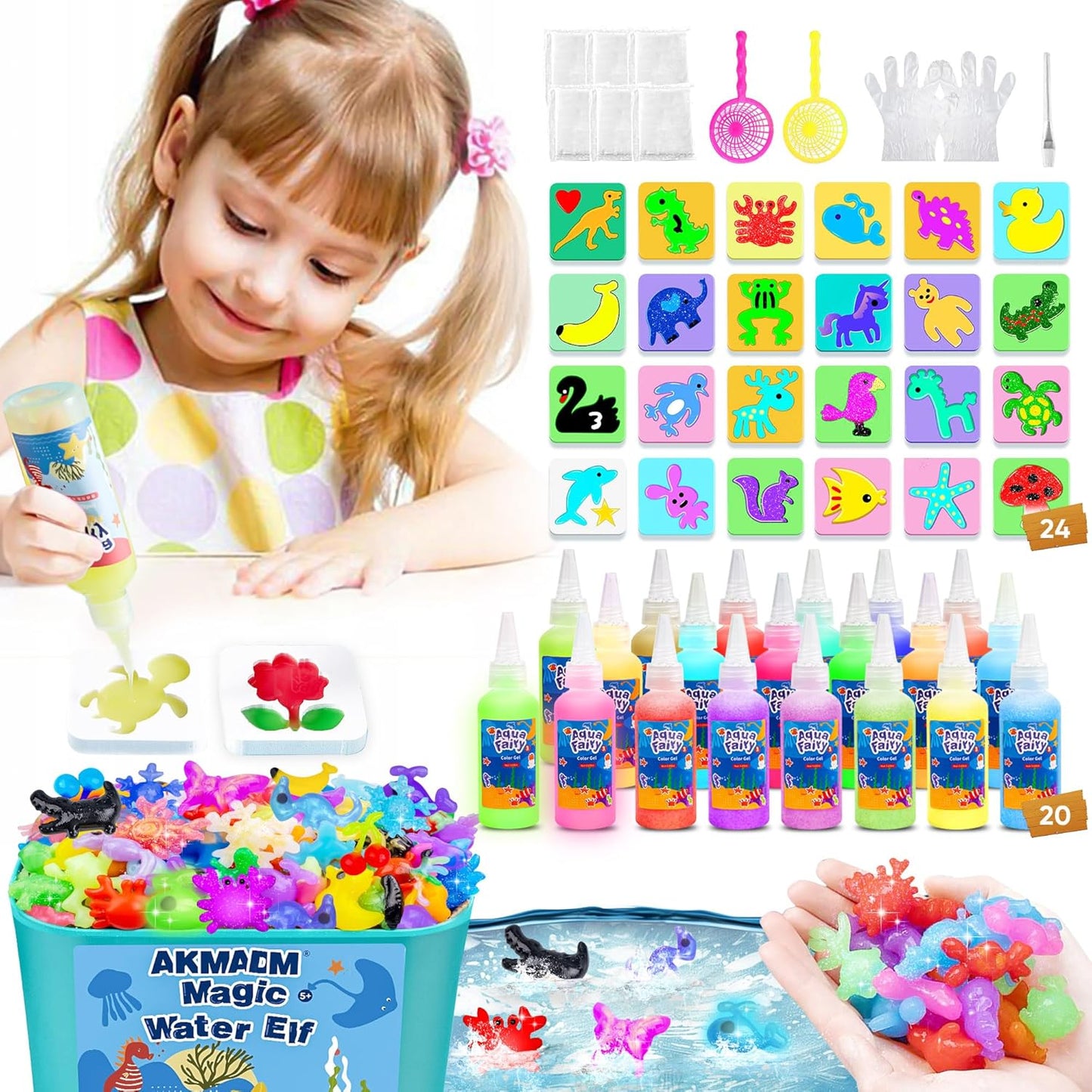 Aqua Fairy Water Gel Kit, Magic Water Elf, Handmade Water Toy, Creative Magic Water Toy Creation Kit, 60Ml Capacity Water Elf Set with 24 Shape Molds, Children'S DIY Aqua Fairy Marine Life(20 Colors)