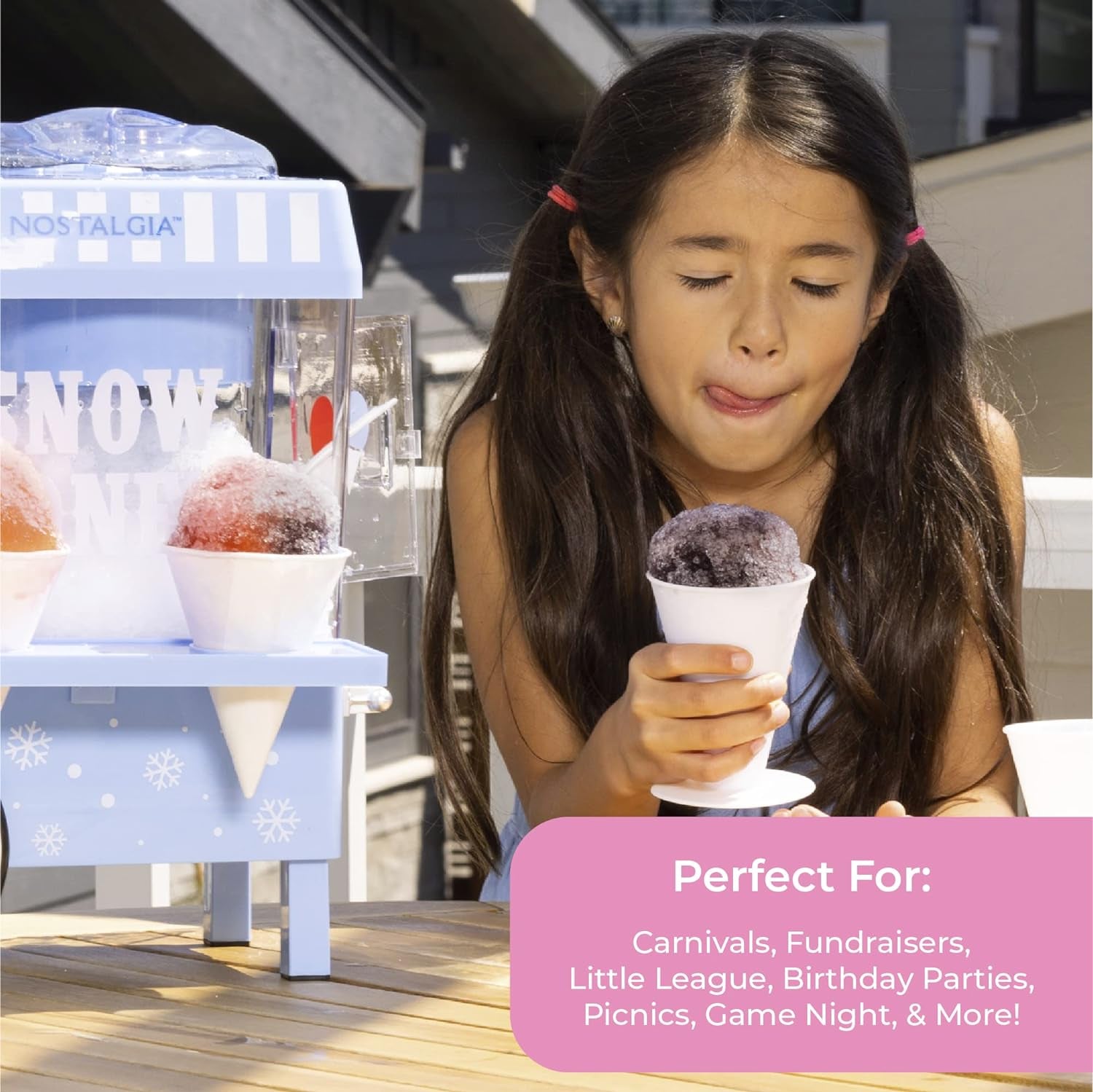 Snow Cone Shaved Ice Machine - Retro Table-Top Slushie Machine Makes 20 Icy Treats - Includes 2 Reusable Plastic Cups & Ice Scoop - Blue