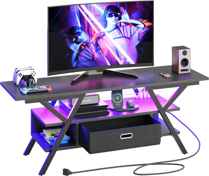 LED Entertainment Center with Power Outlets Gaming TV Stand for TV up to 65 Inch 55” TV Game Console for Living Room Bedroom Removable Drawer 20 Dynamic RGB Modes, Carbon Fiber Black