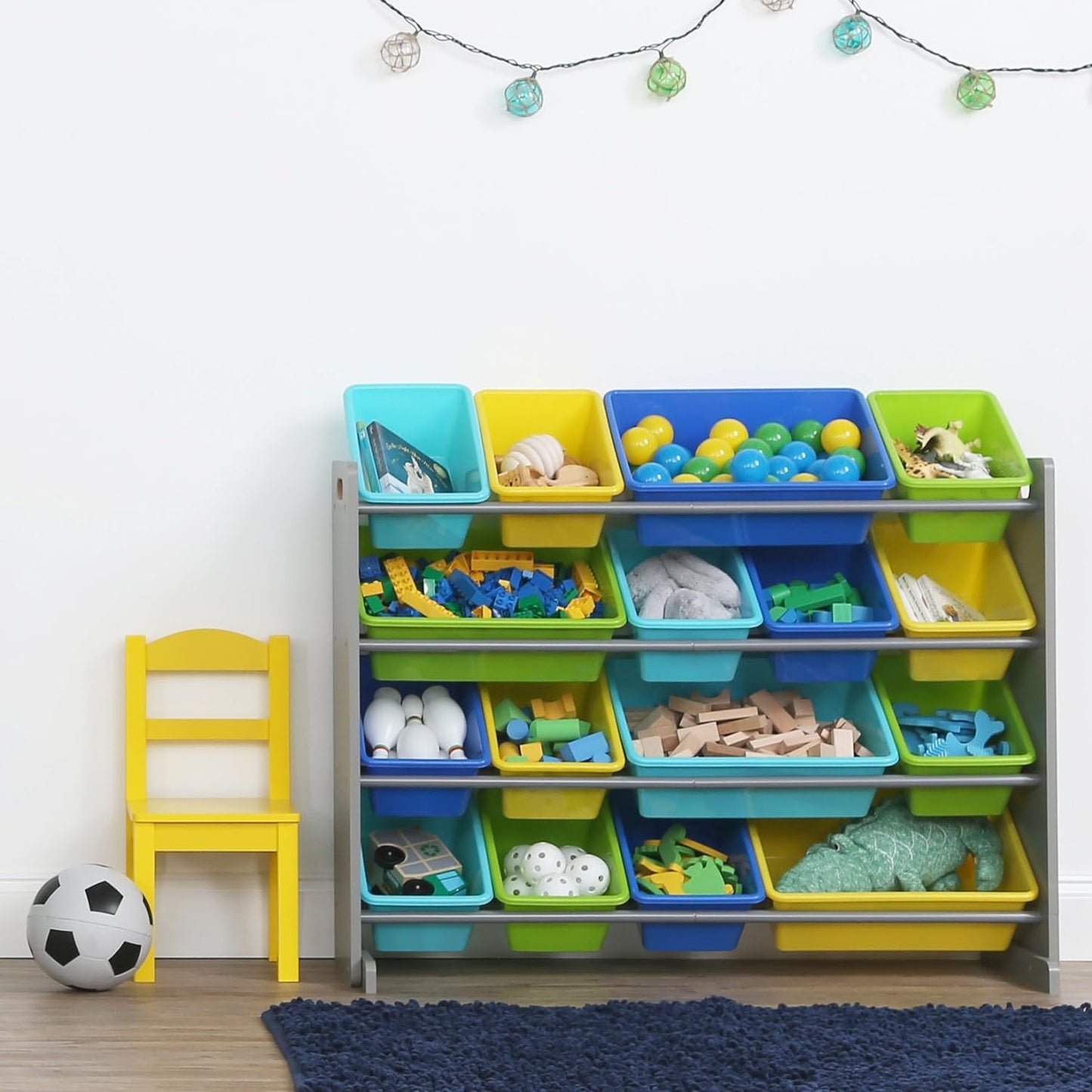 Extra-Large Toy Organizer, 16 Storage Bins, Grey/Blue/Green/Yellow,15.5"D X 42"W X 35"H