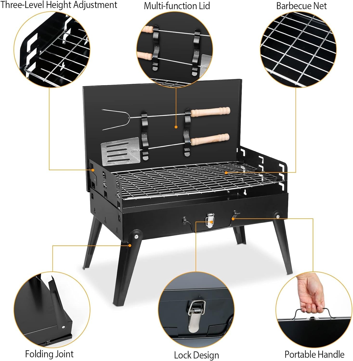 Portable Charcoal Grill, Small BBQ Grill Outdoor Folding Barbecue Grill, Foldable Camping Grill with Barbecue Accessories & Lid for Outdoor Cooking Camp Picnic Hiking Beach Party Patio Smokers