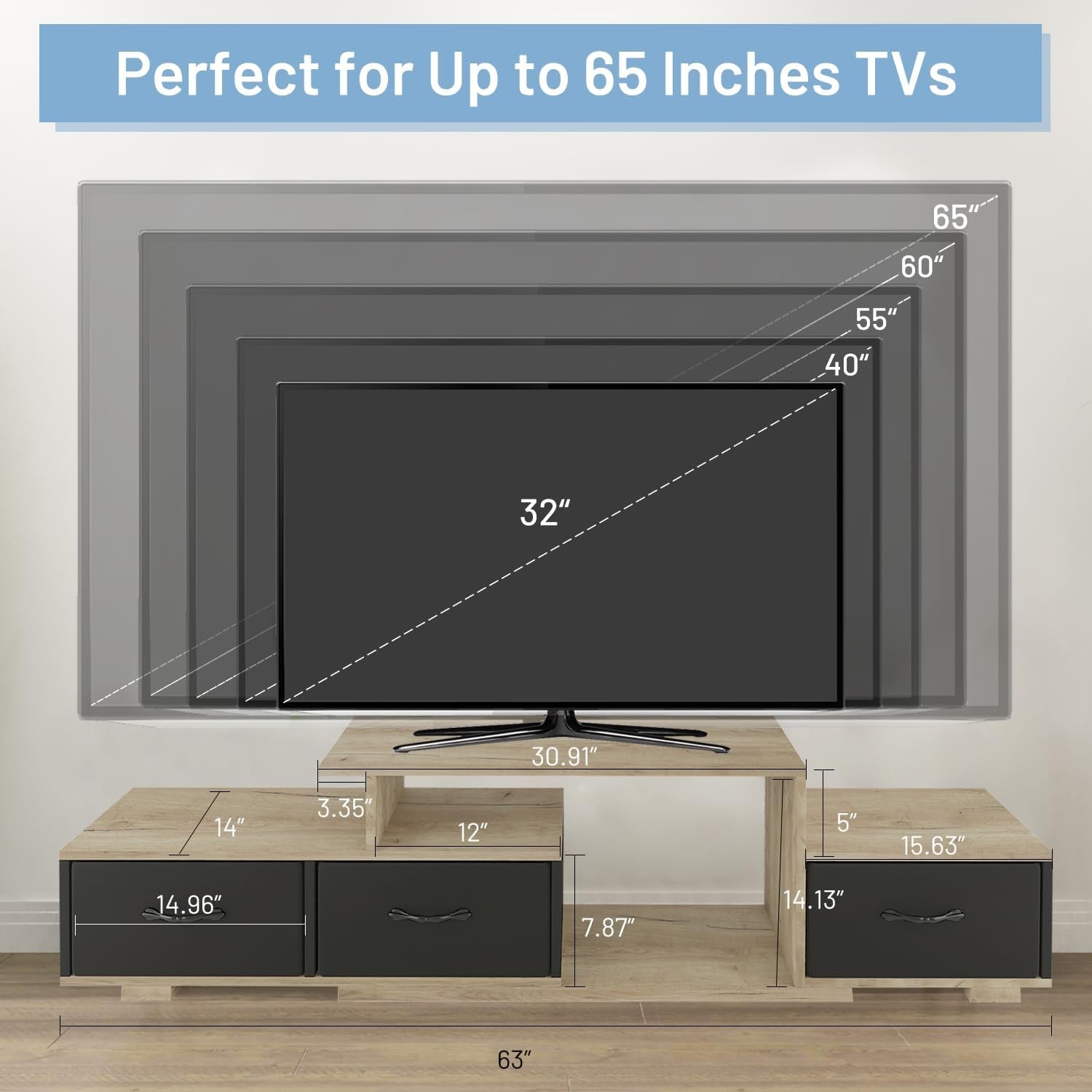 Modern Floating TV Stand with 3 Fabric Drawers and Shelf, Wooden Finish TV Console Television Stands Living Room TV Cabinet Wall Mounted Media Entertainment Center (Brown, 63" W)