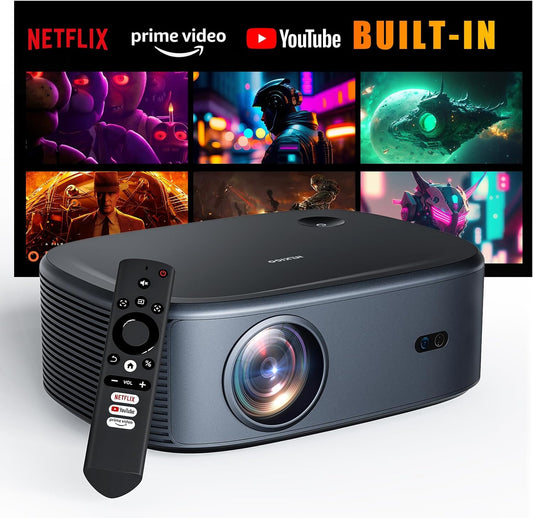 Outdoor Netflix Projector, Officially-Licensed, Netflix/Youtube/Prime Video, 800 ANSI Lumens, Auto Focus/Keystone, Native 1080P, 4K Supported, Dolby Audio, Compatible W/Tv Stick, Ios, Android