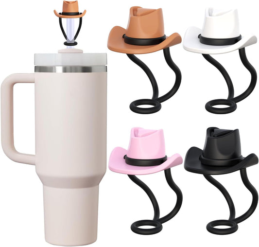4Pcs Cowboy Hat Straw Cover Cap for Stanley Cup 30 40 Oz, 0.4In 10Mm Cute Funny Soft Silicone Straw Toppers Accessories for Men Women Gift, Dust-Proof Reusable Drinking Straw Tips Lids