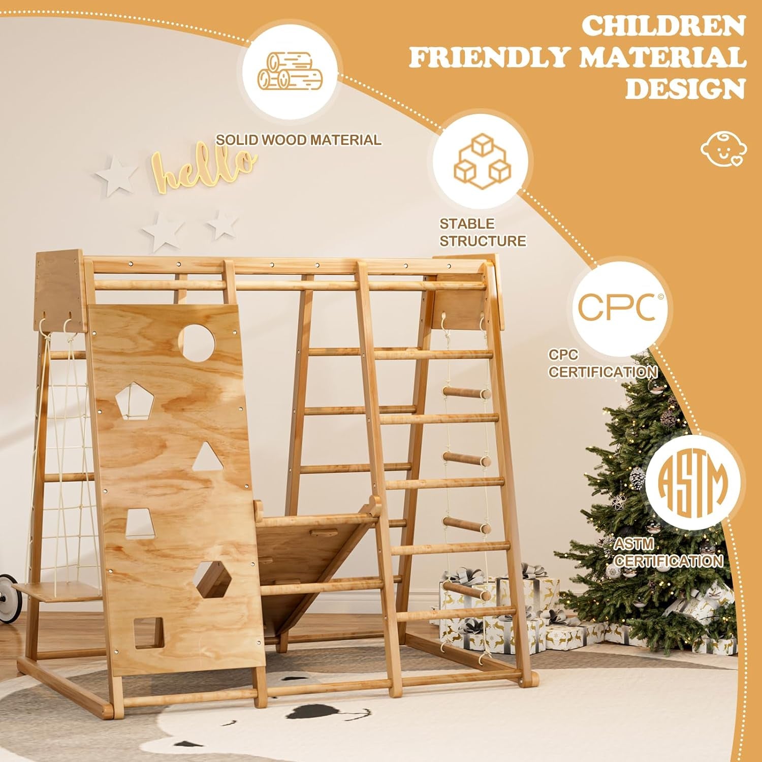 8-In-1 Kids Indoor Playground Jungle Gym, Wooden Climber Playset with Swing, Slide, Rock Climb Wall, Monkey Bar, Wood & Rope Ladder, Climbing Net - Gift for Toddlers Aged 2-8