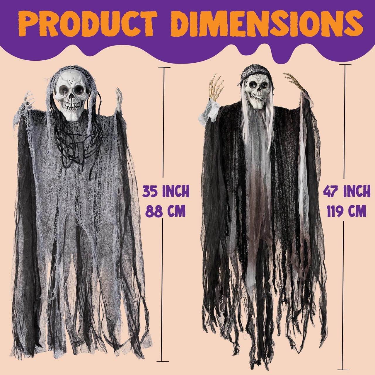 5 Pcs Halloween Hanging Grim Reapers, One 47”, Four 35" Halloween Skeleton Flying Ghosts for Halloween Outdoor Decoration, Haunted Haunted House Prop, Halloween Party Supplies Decor