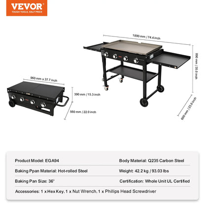 4-Burner 36" Griddle Cooking Station Countertop Commercial Gas Griddle Flat Top Grill Hot Plate Restaurant Cart