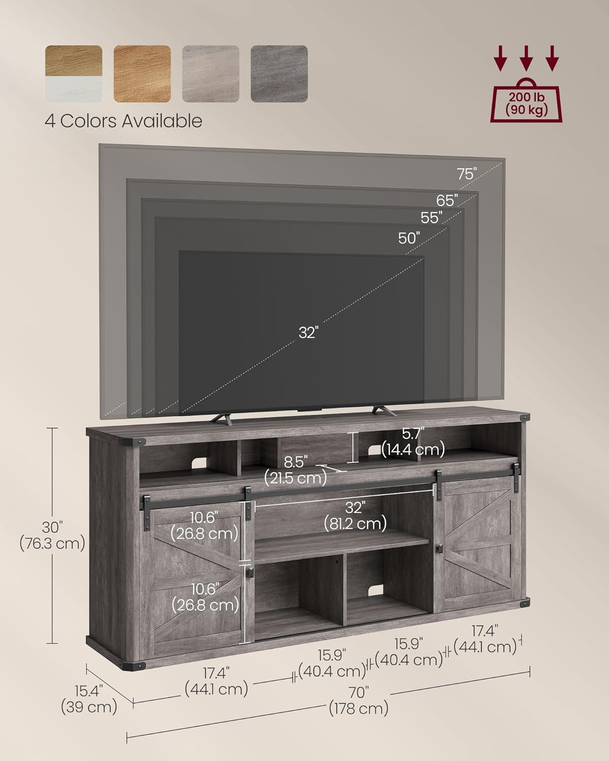 TV Stand for Tvs up to 75 Inches, Farmhouse Entertainment Center with Sliding Barn Doors, TV Console Table for Living Room, Misty Gray ULTV323G68