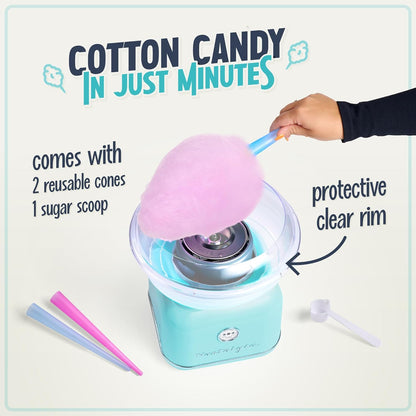 Classic Countertop Cotton Candy Machine, Manual, Retro Vintage Candy Maker Includes 2 Reusable Cones & Scoop, Aqua