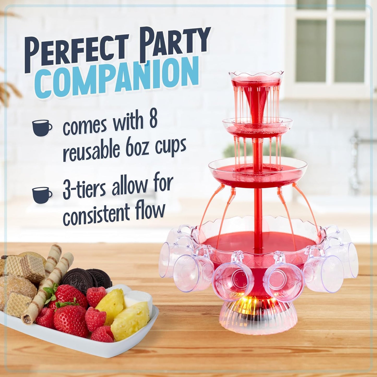 3-Tier Party Fountain, Holds 1.5 Gallons, LED Lighted Base, Includes 8 Reusable Cups, 1.5 Gallon, Clear