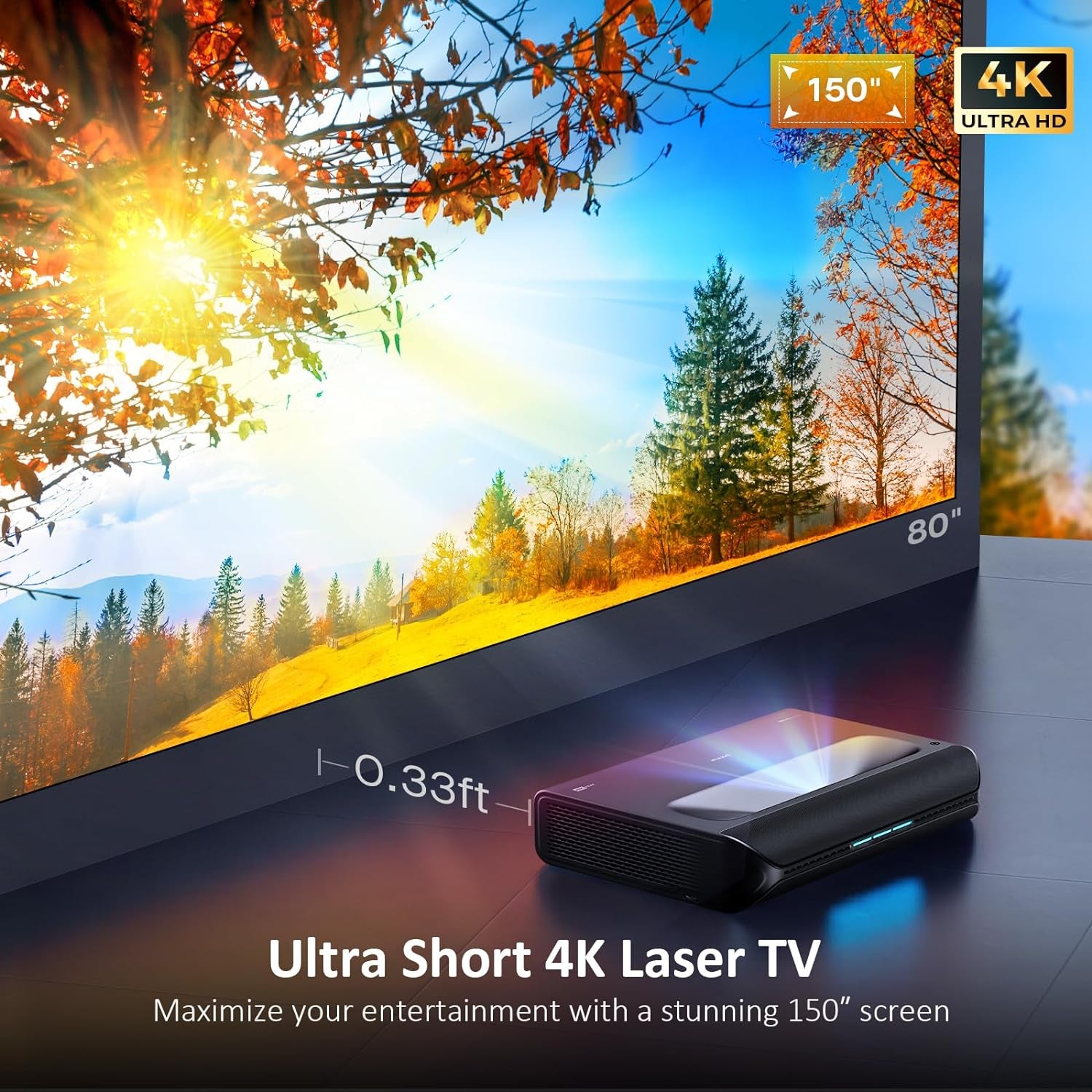 Aurora Pro, Ultra Short Throw 4K Tri-Color Laser Projector, 2400 Lumens, Screen Adoption, Dynamic Laser Dimming, Dolby Vision & Atoms, HDR10, HLG, Active 3D, 60W Speakers, UST Laser TV