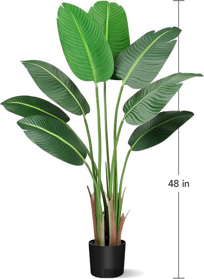 Two 4 Foot Artificial Silk Bird of Paradise Palm Tree Potted Plant，Fake Plants with 8 Trunks, 48 Inches Fake Banana Leaf Plants with Pot for Home Decor Indoor Outdoor Living Room Office