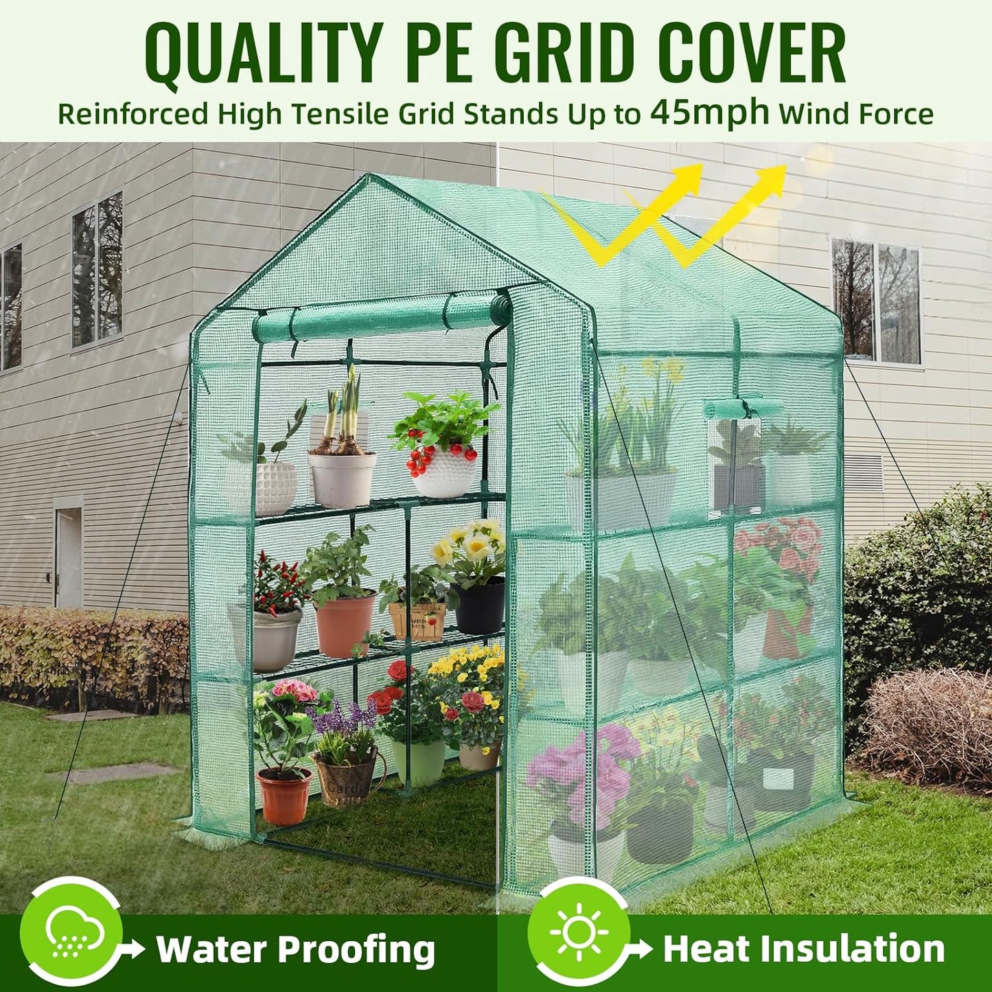 Greenhouse, 56 X 56 X 75'' Greenhouses for Outdoors, Durable Green House Kit with Window, Thicken PE Cover, 3 Tiers 8 Shelves, Heavy Duty Walk in Green Houses for Indoor Backyard Outside - Design By Technique
