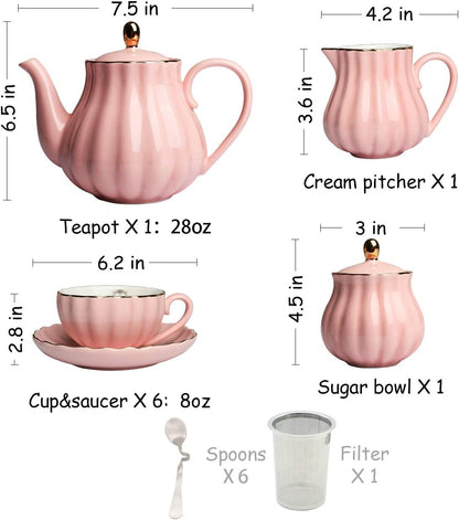 Porcelain Tea Sets British Royal Series, 8 OZ Cups & Saucer Service for 6, with Teapot Sugar Bowl Cream Pitcher Teaspoons and Tea Strainer, Suitable for High Tea, Wedding, Party (Pink)