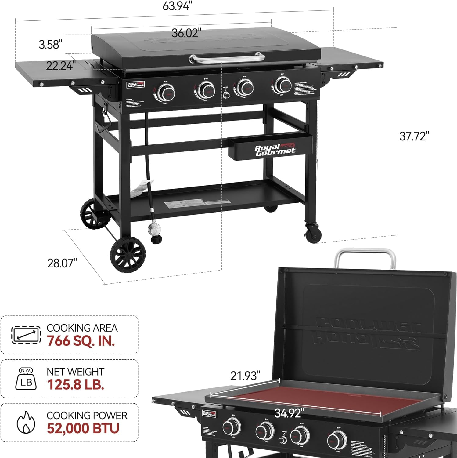 GB4000P 4-Burner Propane Gas Griddle with Hard Cover, 35-Inch Flat Top BBQ Grill, 52,000 BTU, Outdoor Griddle Cooking Station for Backyard and Tailgating, Black