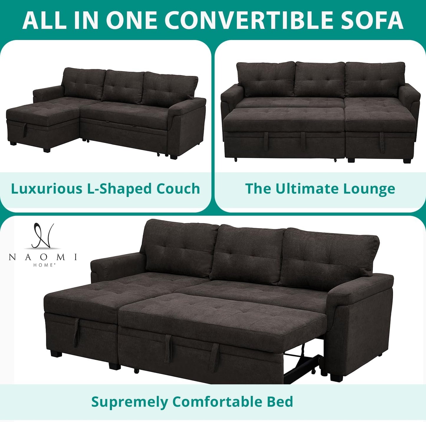 Transform Any Space: Sleeper Sectional Sofa with Convertible Sofa Bed & Inviting Chaise. Find Tranquil Comfort with Stress-Relieving Design & Durable Cushions - Espresso/Velvet