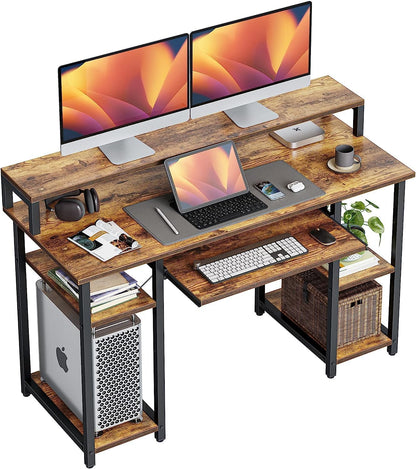 47 Inch Computer Desk with Storage Shelves Monitor Stand Keyboard Tray, Home Office Desk, Study Writing Table, Rustic Brown