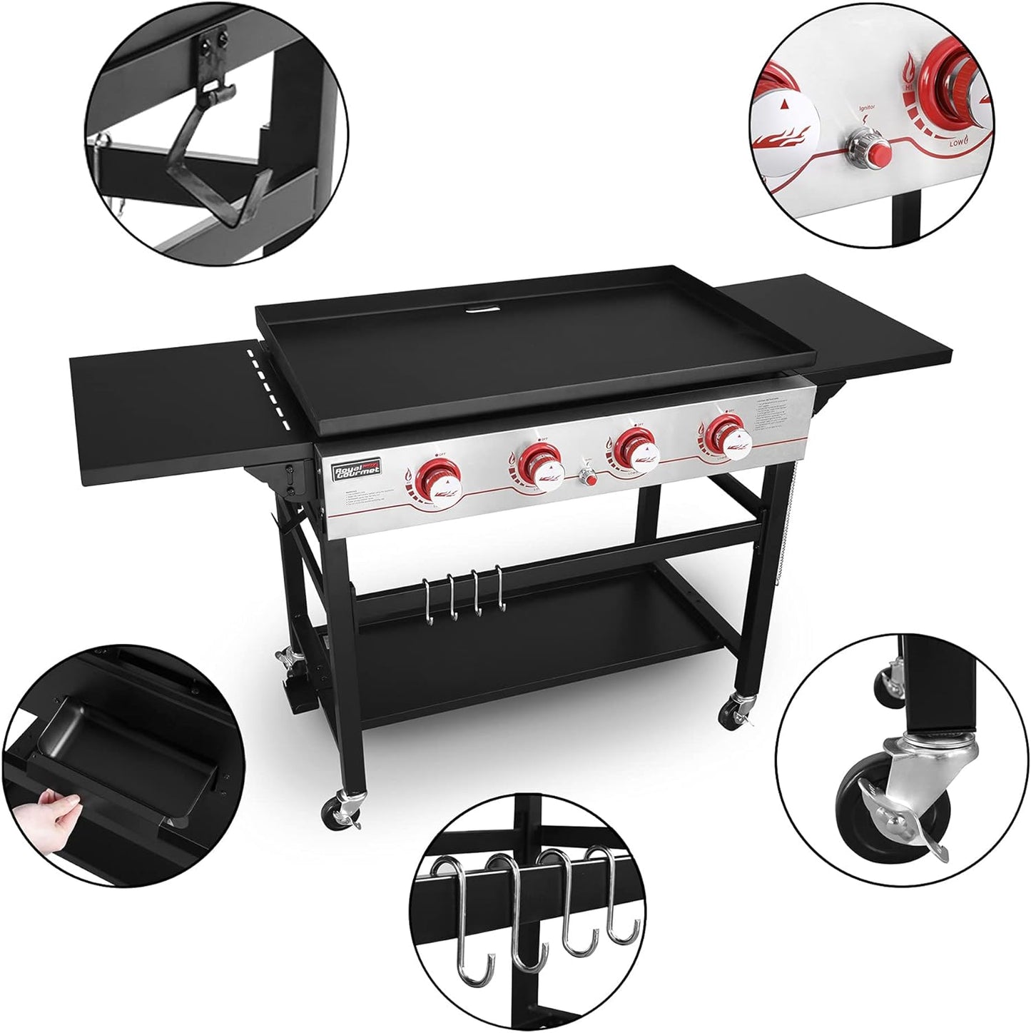 GB4000 36-Inch 4-Burner Flat Top Propane Gas Grill Griddle, for BBQ, Camping, Red