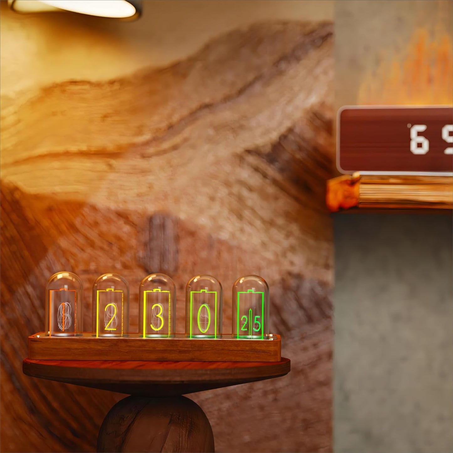 Nixie Tube Clock with Wi-Fi SYNC, Alarm & Timer, 12/24H Display, No Assembly Required - a Retro Gift for Friends (Wood Grain)