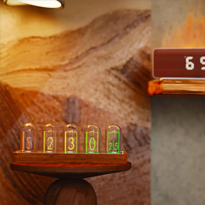 Nixie Tube Clock with Wi-Fi SYNC, Alarm & Timer, 12/24H Display, No Assembly Required - a Retro Gift for Friends (Wood Grain)