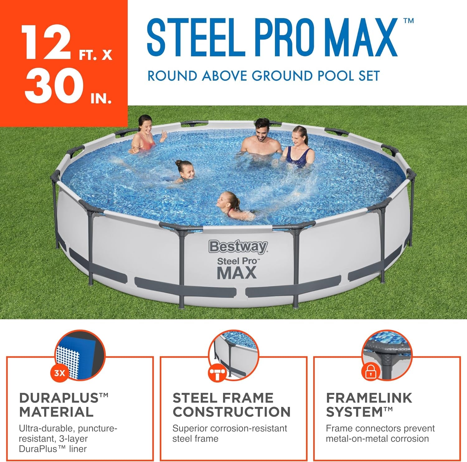 Steel Pro MAX above Ground Swimming Pool (12' X 30") | round Outdoor Backyard Family Pool | Includes 530 GPH Pump and Repair Patch Kit