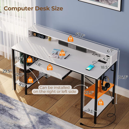 Computer Desk 47 Inch with LED Lights & Power Outlets, Gaming Desk with Storage Shelves, Home Office Desk with Keyboard Tray, Writing Desk with Monitor Stand, Study Desk, White