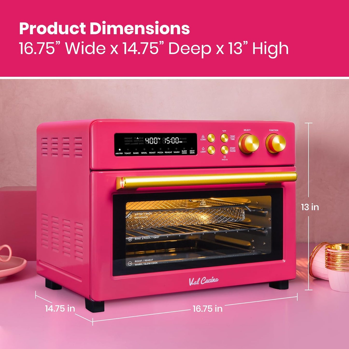 Limited Edition Happy Pink Infrared Heating Air Fryer Toaster Oven, Extra Large Countertop Convection Oven 10-In-1 Combo, 6-Slice Toast, Enamel Baking Pan Easy Clean with Recipe Book