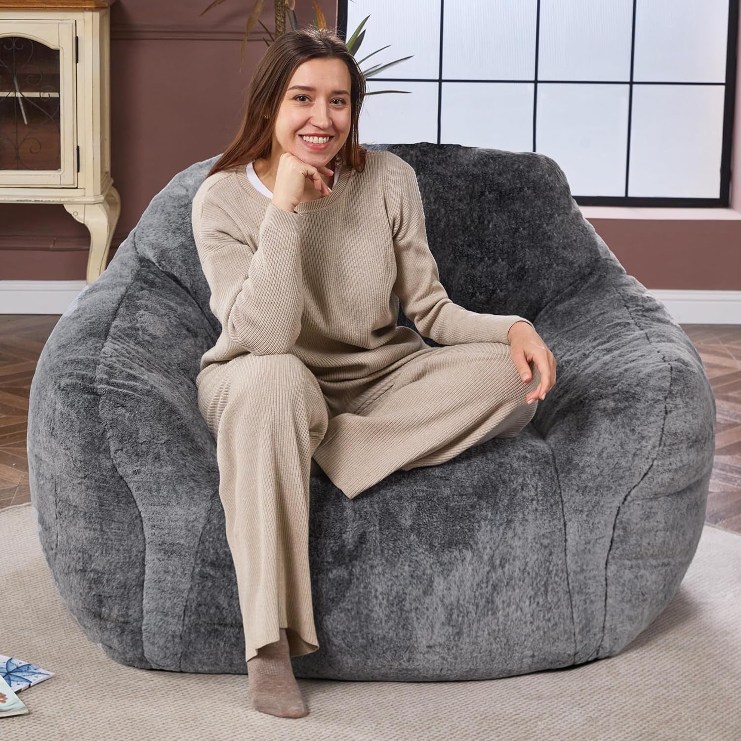 Giant Bean Bag Chair,Bean Bag Sofa Chair with Armrests, Bean Bag Couch Stuffed High-Density Foam, Plush Lazy Sofa Comfy Chair,Large Beanbag Chair for Adults in Livingroom,Bedroom (Grey)