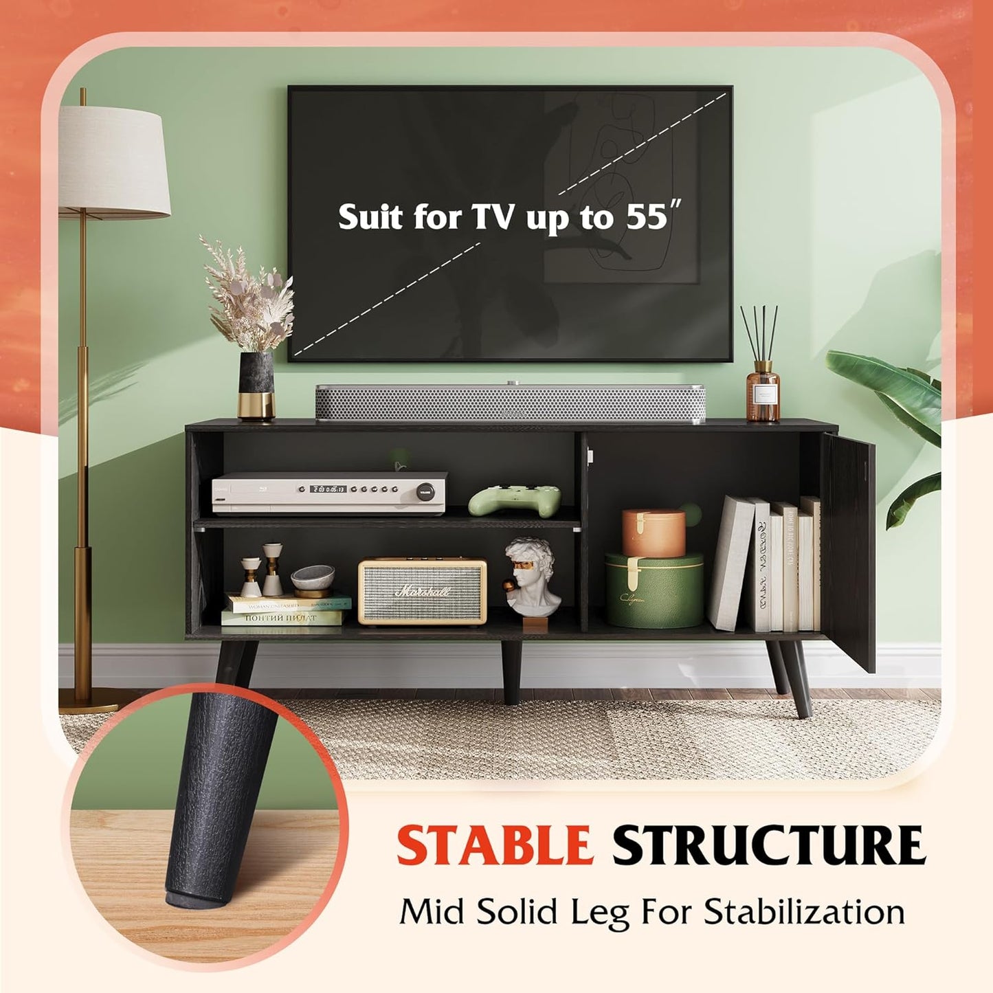 TV Stand for 55 Inch Tvs, Entertainment Center with Storage Cabinet, Mid-Century TV Stands for Living Room and Bedroom, 50" TV Console, Black