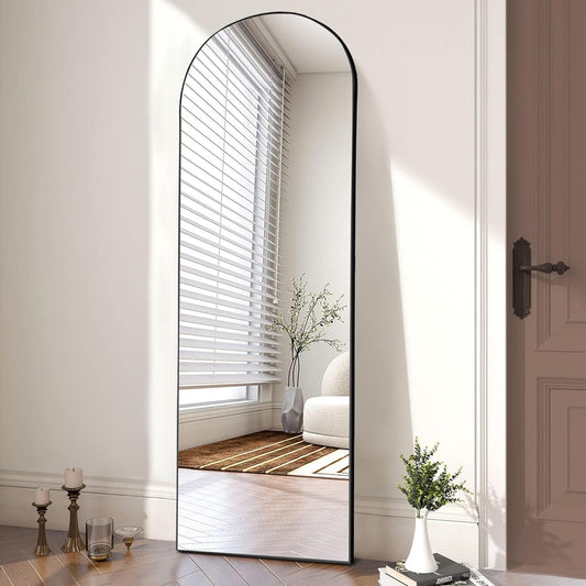 Arched Full Length Mirror 64"X21" for Bedroom, Full Body Mirror with Stand, Hanging or Leaning for Wall, Aluminum Alloy Thin Frame Floor Standing for Living Room, Tall, Black