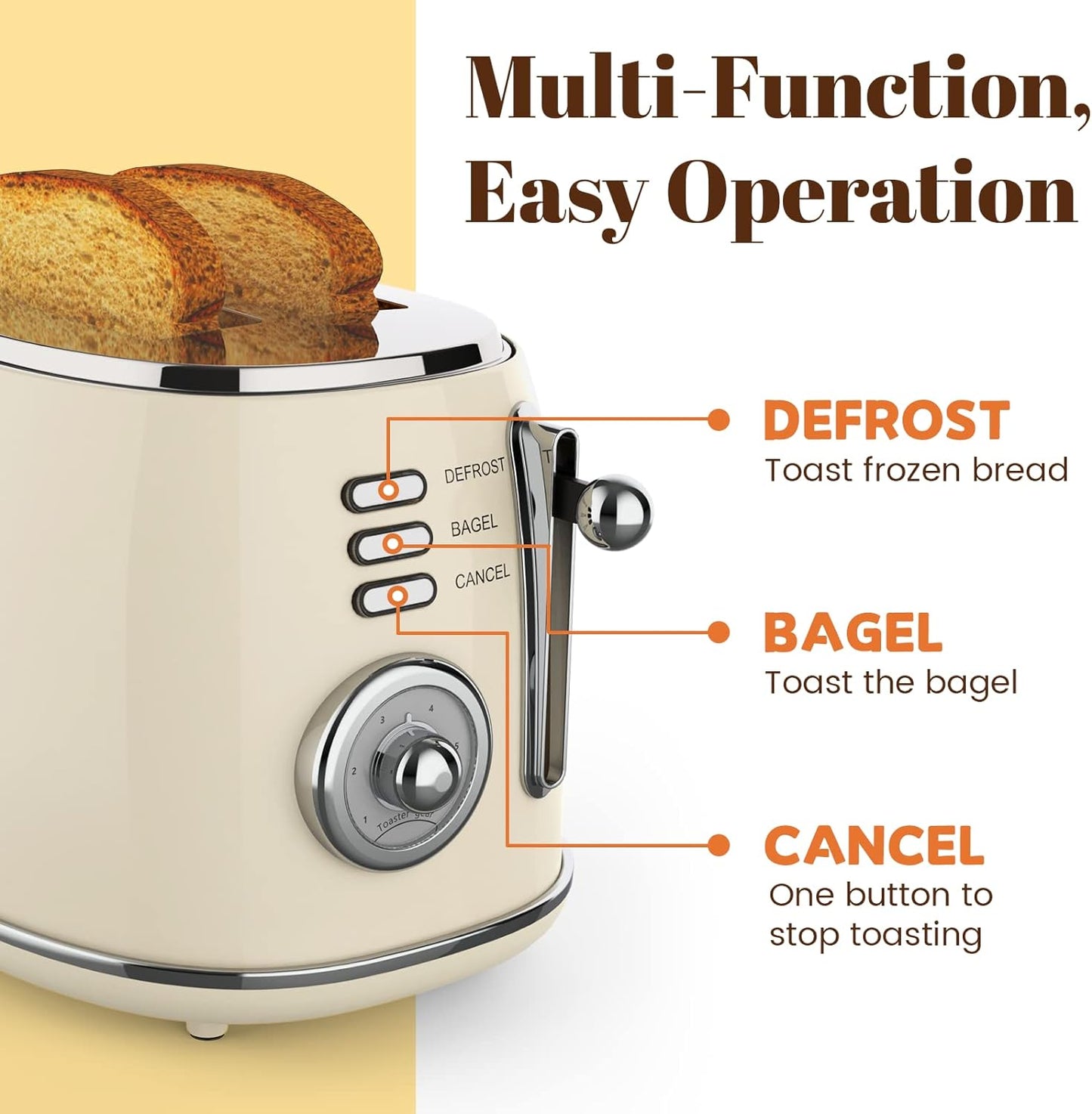 Retro 2 Slice Stainless Steel Toaster with Removable Crumb Tray, 6 Bread Shade Settings, Bagel, Defrost and Cancel Options (White)