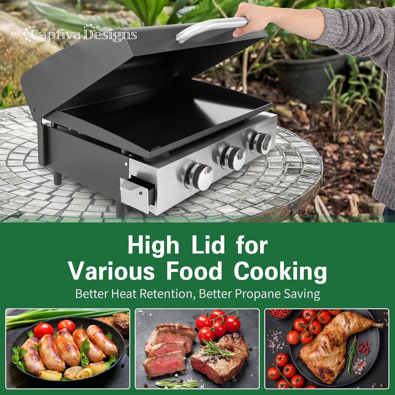 Tabletop Griddle with Ceramic Coated Cast Iron Plate, Portable Flat Top Propane Gas BBQ Grill Griddle Camping, Outdoor & Tailgating, 24,000 BTU Output, 3 Stainless Steel Burners