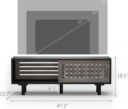 Mid-Century Modern TV Stand, Glossy Black TV Console with Sliding Doors,Tv Console with Large Storage, Entertainment Center with Sturdy Solid Wood Legs, Living Room&Bedroom, Gray&Black