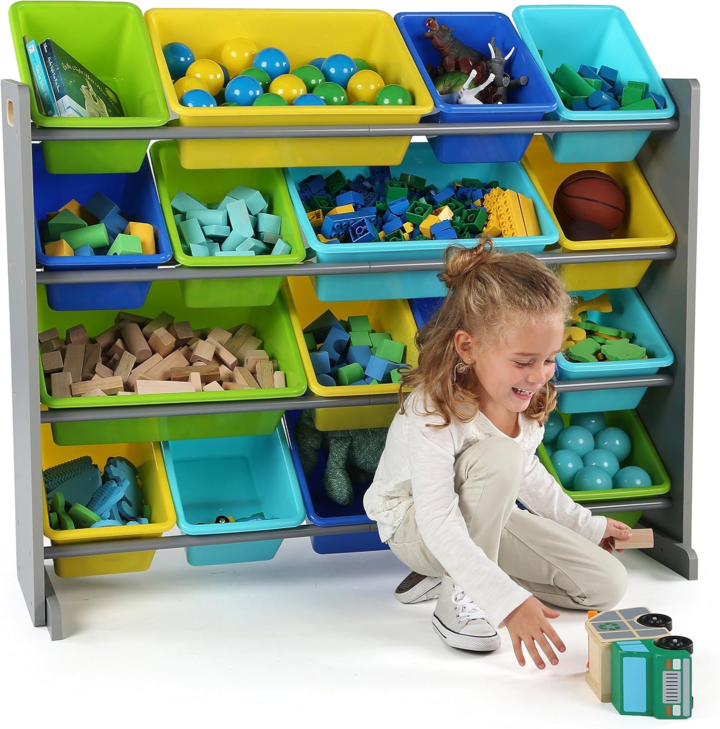 Extra-Large Toy Organizer, 16 Storage Bins, Grey/Blue/Green/Yellow,15.5"D X 42"W X 35"H