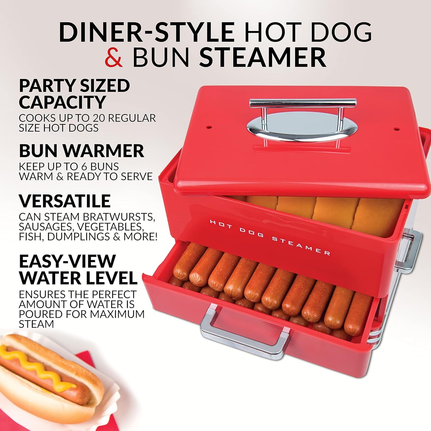 Extra Large Diner-Style Steamer 20 Hot Dogs and 6 Bun Capacity, Perfect for Breakfast Sausages, Brats, Vegetables, Fish