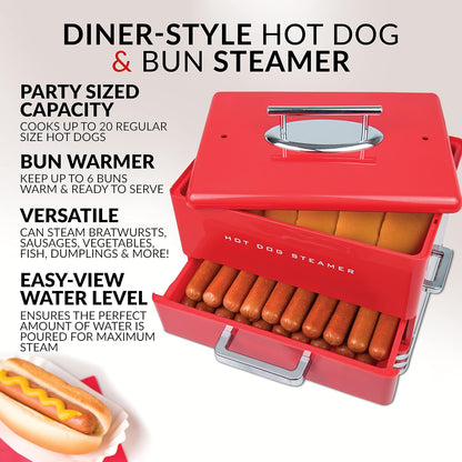 Extra Large Diner-Style Steamer 20 Hot Dogs and 6 Bun Capacity, Perfect for Breakfast Sausages, Brats, Vegetables, Fish