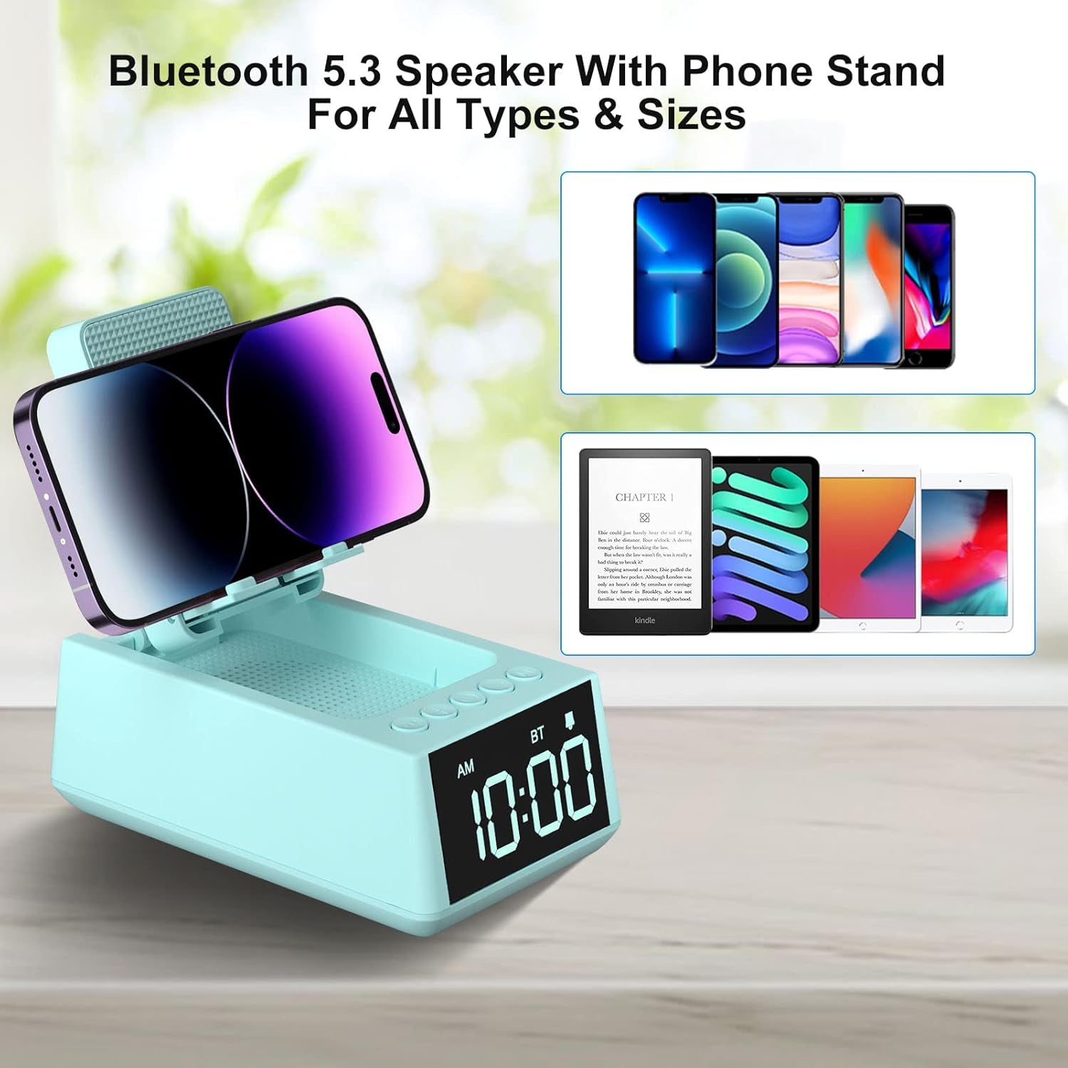 Gifts for Men/Women 3 in 1 Wireless Bluetooth Speaker with Loud Alarm Clock Cell Phone Stand TF Card Reader 12H Display Mic HD Surround Sound Kitchen Bedroom Office Cell Phone＆Tablet (Green)