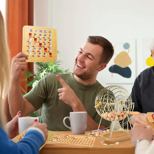 GSE™ Shutter Bingo Game Set for Large Groups. Large Brass Bingo Cage & Board, 7/8" Wooden Bingo Balls, 10 Shutter Bingo Cards