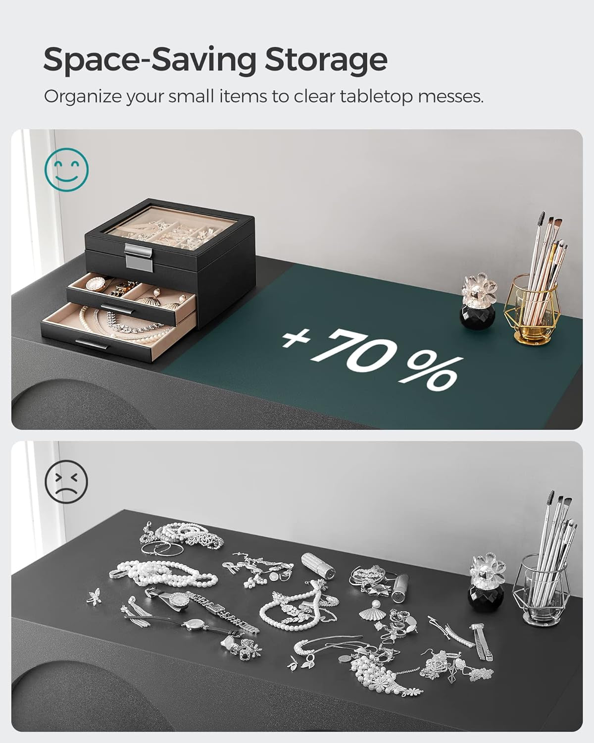 Jewelry Box with Glass Lid, 3-Layer Jewelry Organizer, 2 Drawers, for Big and Small Jewelry, Jewelry Storage, Modern Style, 8 X 9.1 X 5.3 Inches, Graphite Black and Silver UJBC239BK