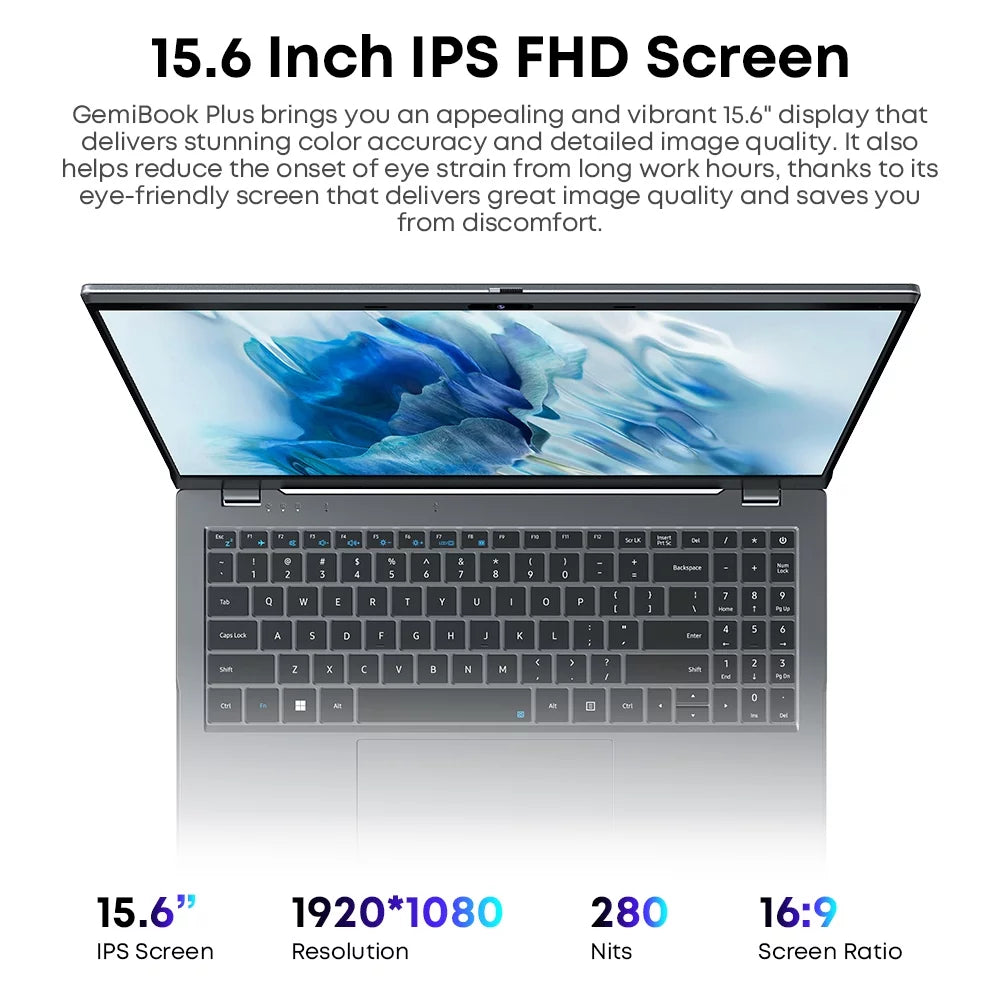 Gemibook plus 15.6" Laptop 256GB SSD 8GB Ddr5,12Th Gen Intel N100,2K IPS Display,Quad Core,Windows 11 Gaming Notebook Computer,3.4Ghz,Wifi 6,1920*1080