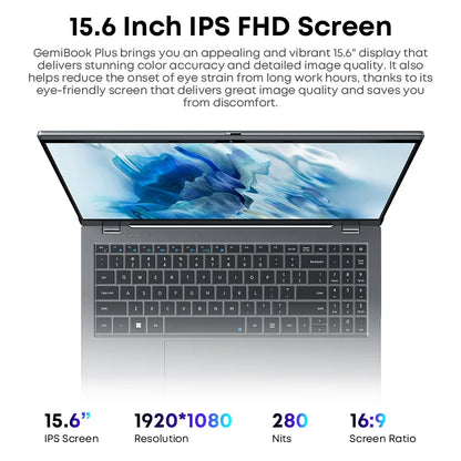 Gemibook plus 15.6" Laptop 256GB SSD 8GB Ddr5,12Th Gen Intel N100,2K IPS Display,Quad Core,Windows 11 Gaming Notebook Computer,3.4Ghz,Wifi 6,1920*1080